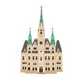 Facade of Liberec Town Hall. Old Czech building with towers and spire. Colored flat vector illustration of ancient