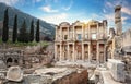 Facade of Library of Celsus in Ephesus in afternoon Royalty Free Stock Photo