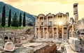 Facade of a Library of Celsus in Ephesus under yellow sky Royalty Free Stock Photo