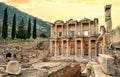 Facade of Library of Celsus in Ephesus under yellow sky Royalty Free Stock Photo
