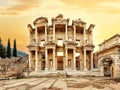 Facade of library of Celsus in Ephesus under yellow sunset sky Royalty Free Stock Photo