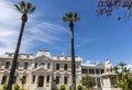 Facade of the main building of the Faculty of Theology and a statue of Murray and Hofmeyr, Stellenbosch University, South Africa