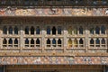 The facade of the main building of the Gangtey Gompa in Gangtey, Bhutan, is decorated with sculptured patterns