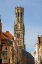 Medieval buildings and Belfry clock tower in Bruges Royalty Free Stock Photo