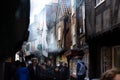 Facade of the medieval house with smoke in the Shambles street in York.