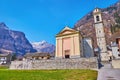 The facade of Santa Maria Lauretana Church, Sonogno, Valle Verzasca, Switzerland Royalty Free Stock Photo