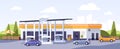 Facade of modern gas station building with cars arriving and leaving for refueling or filling with petrol, gasoline or