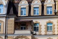 Facade of the modern multistory building in classical style close-up Royalty Free Stock Photo