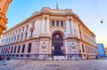 The facade of monumental building of Banca d`Italia Italian Bank on Via Cordusio street, Milan, Italy