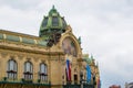 Facade of Municipal House ObecnÃÂ­ dÃÂ¯m of Prague, Czech Republic, a civic building that houses Smetana Hall, a celebrated