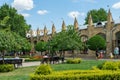 Facade of the Narzan Gallery on Kurortny Boulevard. The 19th-century building of Narzan gallery. Flower garden Royalty Free Stock Photo