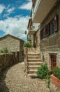 Facade of a stone house with staircase