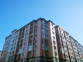 Facade of new multi-story residential building. Sale and rental apartments. Housing affordability and development. Cityscape. City