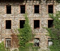 Facade of an old abandoned building made of stones and bricks with creeper plants on it. Royalty Free Stock Photo