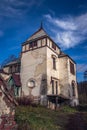 Facade of the old castle concept photo. European towers.