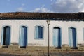 Facade of an old colonial house in central Brazil.Traditional house in Pirenopolis, window historic Brazil, lamppost.