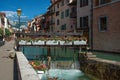 Facade of old and colorful buildings in front of the channel in Annecy. Royalty Free Stock Photo