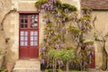 Facade of an old Farm house with purple wisteria. Chenonceaux. France Royalty Free Stock Photo