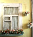 Facade of the old house in bright colors decorated with flowers vintage Royalty Free Stock Photo