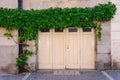 The facade of an old house with a wooden gate, overgrown with green ivy.