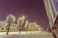 Facade of old school building. Winter landscape. Night. Royalty Free Stock Photo
