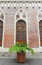 Facade of Opera House in Tsaritsyno Palace. Beautiful Window in neo-gothic style on the wall of old brick building. Moscow, Russia Royalty Free Stock Photo