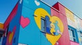 The facade of an orphanage with hearts and puzzles on the wall for children with down syndrome and autism. Royalty Free Stock Photo