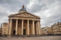 Facade of the Pantheon in Neoclassical style, with dome and columns at the entrance in Paris.