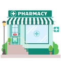 Facade pharmacy store with a signboard, awning and symbol in shopwindow Royalty Free Stock Photo