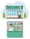 Facade of pharmacy store in urban space. Modern interior pharmacy or drugstore with male pharmacist at the counter. Royalty Free Stock Photo