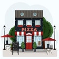 Facade of a pizza restaurant with outdoor tables and home delivery. illustration of a pizzeria with a red and white