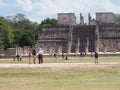 Facade of platform of Temple of Warriors at Chichen Itza city in Mexico on February