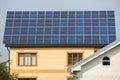 Facade of a private house with solar photo voltaic panels on roof