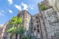 Facade of ruined old vintage red brick house with broken windows location: Kamienico, part of former Jewish ghetto, Walicow Royalty Free Stock Photo