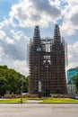 Facade of Saigon Notre-Dame Cathedral Basilica covered by scaffolds, HO CHI MINH CITY, VIETNAM - April 26 2021