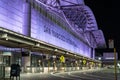 Facade of San Francisco International Airport T3 entrance at night, side view