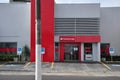 Facade of the Banco Santander branch, with priority parking plates.