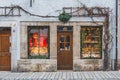 A facade of the shop brightly decorated for Christmas in Rothenburg ob der Tauber in Germany