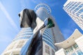 Facade of skyscrapers with blue sky in Frankfurt main, Germany