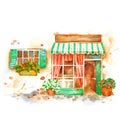 Facade of small cafe, hand painted watercolor illustration