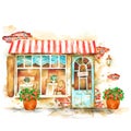 Facade of small cafe, hand painted watercolor illustration