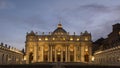 Facade of St. Peter`s Basilica at night, Vatican city Royalty Free Stock Photo