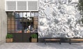 The facade of a store or cafe with an entrance group. Creative exterior decoration of the exterior wall in front view. Free space