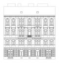 Facade of a 4 story townhouse in an European City around 1900. Drawing, true to scale.