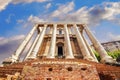 Facade of the Temple of Antoninus and Faustina on the Via Sacra, the Roman Forum, in Rome