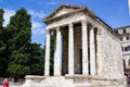 Facade of Temple of Augustus Augustov hram, a well-preserved Roman temple in Forum Square in the city of Pula, Croatia