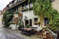 Facade of a traditional Bavarian house with a restaurant in Rothenburg ob der Tauber, Bavaria, Germany. November 2014