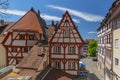 Traditional German half timbered house, old city and the square Tiergaertnertorplatz Nuremberg, Bavaria, Germany.