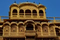 Facade of a traditional Rajasthani haveli with window at Patwon ki haveli in Jaisalmer, Rajasthan, India. Series of early-1800s