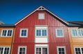 Facade of a traditional Rorbu red house on Lofoten islands, Scandinavian architecture details